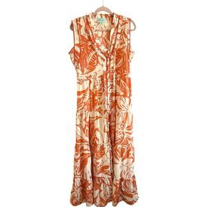 TRUE DESTINATIONS Orange Cream Tropical Floral Ruffle Trim Maxi-Midi Dress Sz L